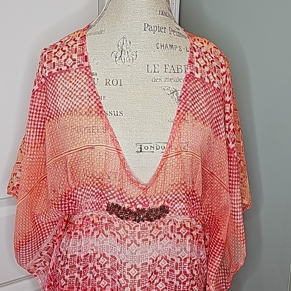 Cynthia Rowley Red And Orange Printed Sheer Swimsuit Cover Dress - OS - Picture 3 of 8